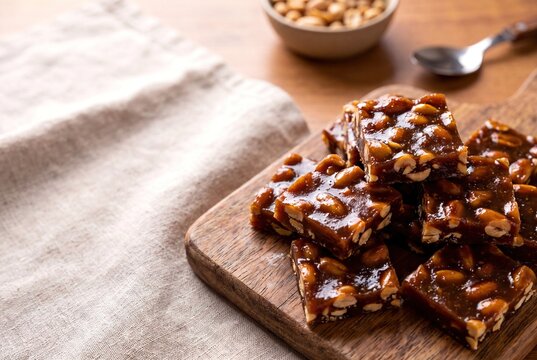 Angolan Doce de Ginguba Sweet Coconut Molasses Peanut Candy Squares on Wooden Board
