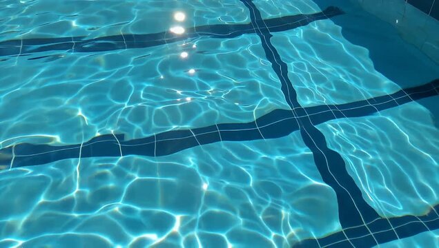 Mesmerizing top-down 4K video capturing shimmering sunlight caustics dancing across the gentle rippling surface of clear blue swimming pool water delivering a relaxing summer aesthetic