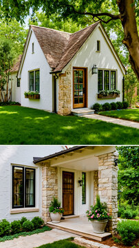 A small white house with a brown door and windows