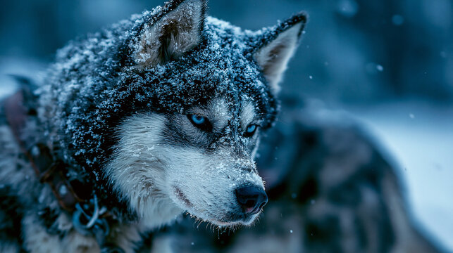 Close up portrait of siberian husky in snowy winter with portrait freezing wilderness