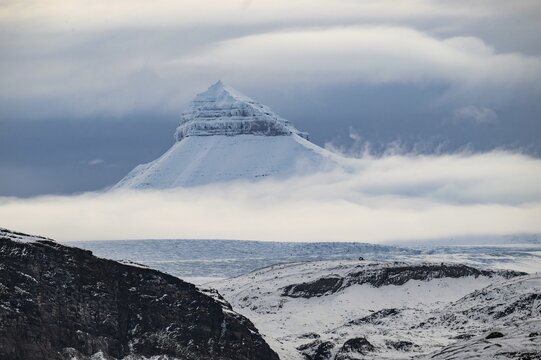 One of the three mountains Tee Kroner, Kronebreen or Crown Glacier, Kongsfjord or Kongsfjorden, Spitsbergen archipelago, Svalbard, Norway