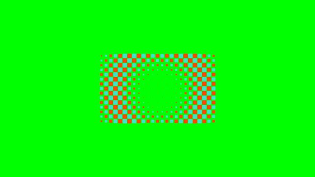 A vibrant checkered pattern of orange and blue squares on a green background