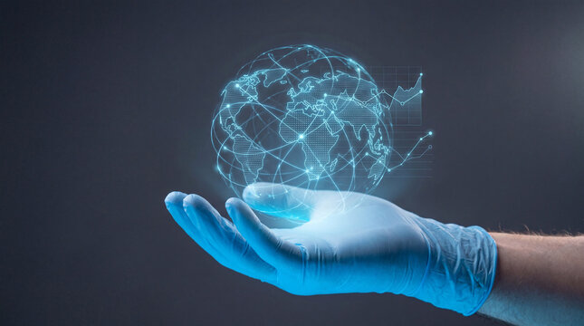 Gloved hand holding glowing global network connection with data points during digital innovation