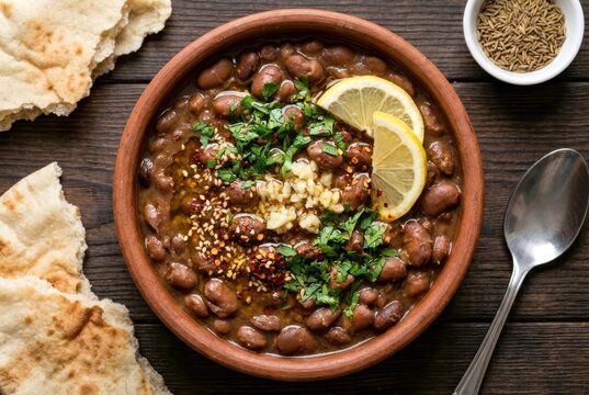 Sudanese Ful Medames bowl with braised fava beans, garlic, lemon, parsley, and pita bread