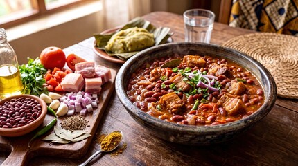Fototapeta premium Traditional Ugandan Bijanjalo Red Bean Stew with Pork Belly and Fresh Raw Ingredients