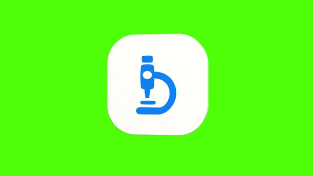 3D animated microscope icon on a white rounded card with a green screen background. Smooth loop motion, perfect for mobile app UI, science lab, and video editing elements.