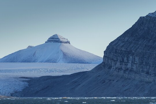 One of the three mountains: Tee Kroner (Three Crowns), Kronebreen or Kronengletscher Glacier, Kongsfjord or Kongsfjorden, the Svalbard archipelago, Svalbard, Norway