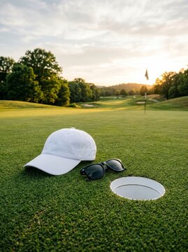 White baseball cap and sunglasses on a golf course green, golden sunset over a scenic putting green background.