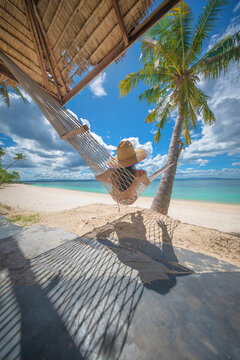 Woman tourist stay under shadow of the coconut trees at the edge of the sea beach, cheerfully traveling life in summer of the island