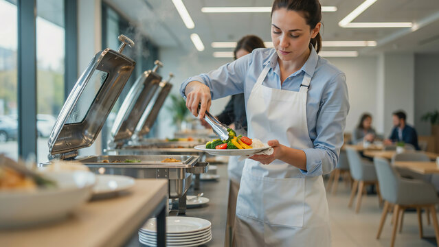 Waitress serving fresh salad from buffet chafing dish in restaurant