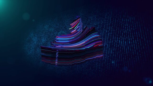 Dynamic Ireland map reveal animation features glowing wavy lines, colorful neon lighting, digital particles, grid elements, dimensional depth, and animated Ireland text.