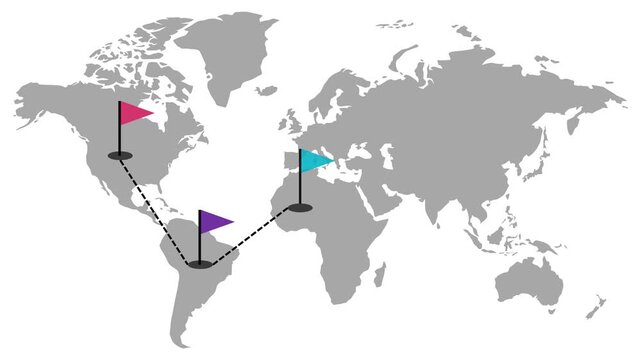 Global Route Infographic Animation: World Map with Sequential Flag Markers and Travel Timeline