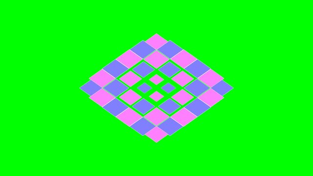 A vibrant diamond shaped mosaic pattern set against a bright green background