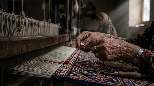 Artisan hands weaving a traditional patterned textile rug.