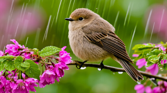 A small bird sitting on a branch with pink flowers in the rain