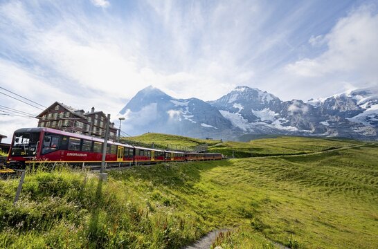Jungfrau Railway to Jungfraujoch runs through green meadows, above the Kleine Scheidegg stop, rack railway, in the back mountains with peaks Eiger, M&ouml;nch and Jungfrau, Jungfrau region, Bernese Oberland, Switzerland