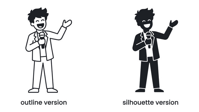 Stand-up Comedian Icon: A graphic representation of a happy person holding a microphone, presented in both outline and silhouette styles, ideal for event promotion or entertainment branding.