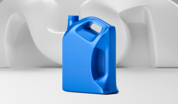 blue plastic jerrycan motor oil bottle mockup with handle and cap on Abstract White Studio Background