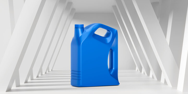 Blue plastic jerry can container for motor oil or chemical liquid isolated on white architectural background.