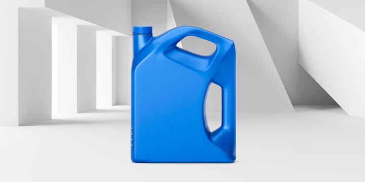 Blue Plastic Motor Oil Canister Mockup with Handle on Abstract White Studio Background