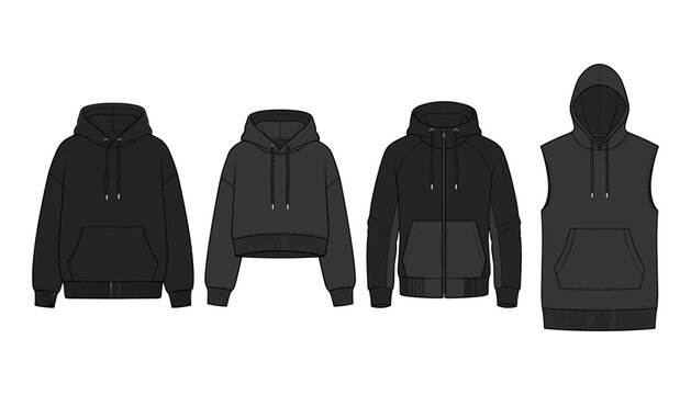 Blank Black Hoodie and Sweatshirt Fashion Tech Pack Vector Set with Pullover Cropped Zip Up and Sleeveless Hooded Vest Technical Sketches for Apparel Design