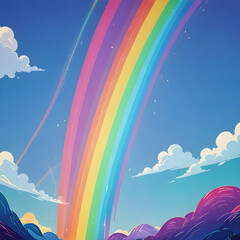 Fototapeta premium Rainbow arch curves gracefully across a vibrant blue sky filled with soft, wispy clouds and bright daylight hues.