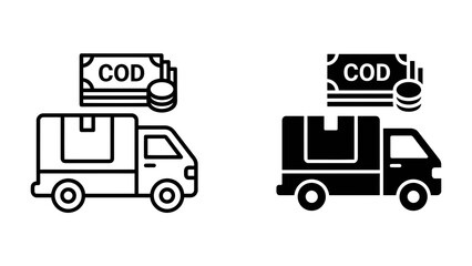 Naklejka premium Cash on Delivery Icons: A set of line and filled icons representing cash on delivery service, featuring a delivery truck, cash, and coins.