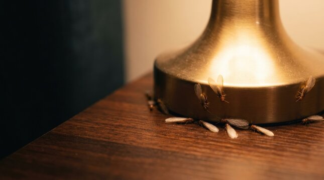 Winged termites around a bright light source in a home interior