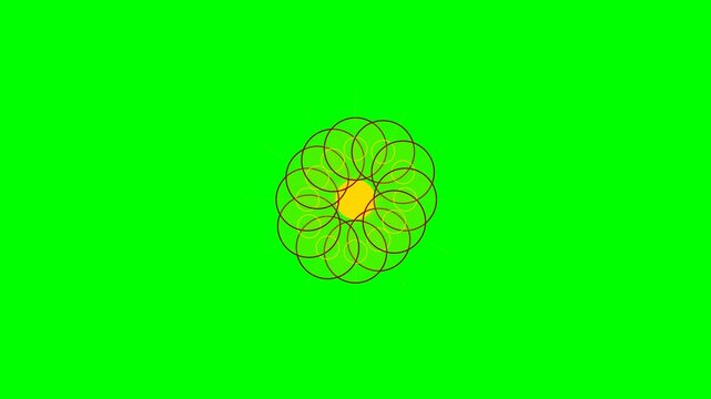 Abstract geometric flower design with thin brown lines on green background
