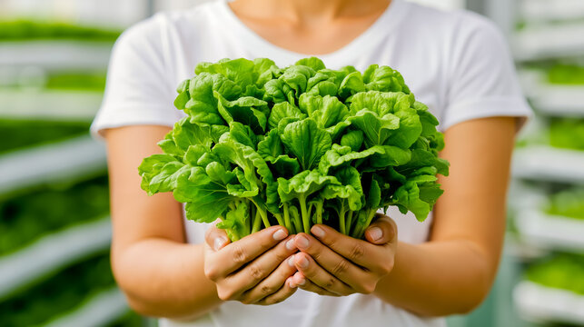 A woman holding a bunch of lettuce in her hands