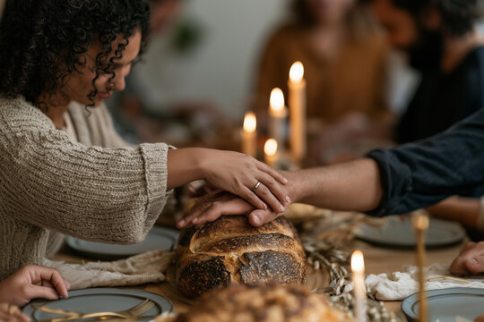 Family blessing bread together at a holiday dinner table