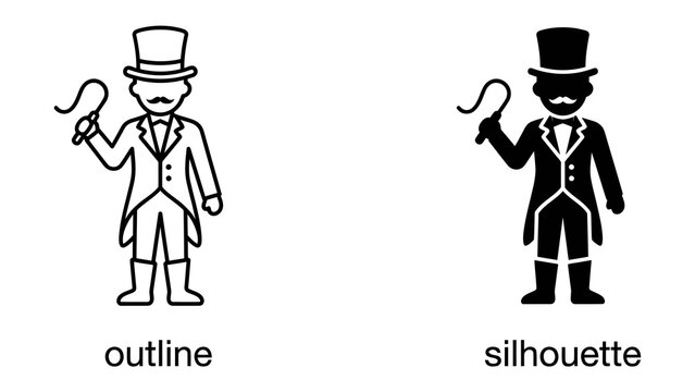 Ringmaster Icon: A formal ringmaster in a top hat and tailcoat, holding a whip, presented as both an outline and a silhouette, ready to command the arena.