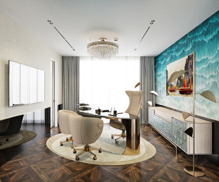 Photorealistic 3D render of a sophisticated executive office designed for a company director or business executive. Elegant contemporary interior featuring a premium executive desk, 3d render