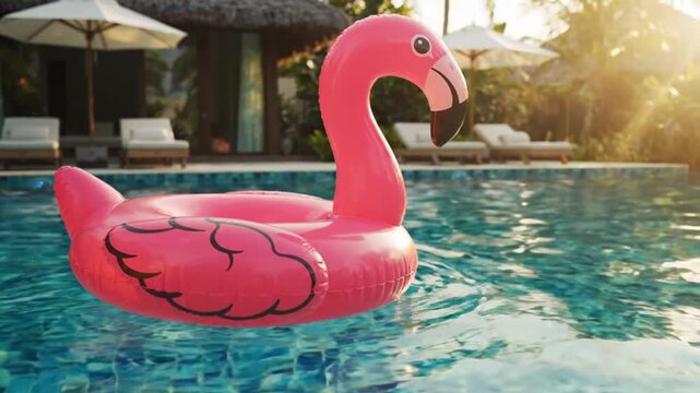 Pink Flamingo Inflatable Floating in Luxury Resort Pool