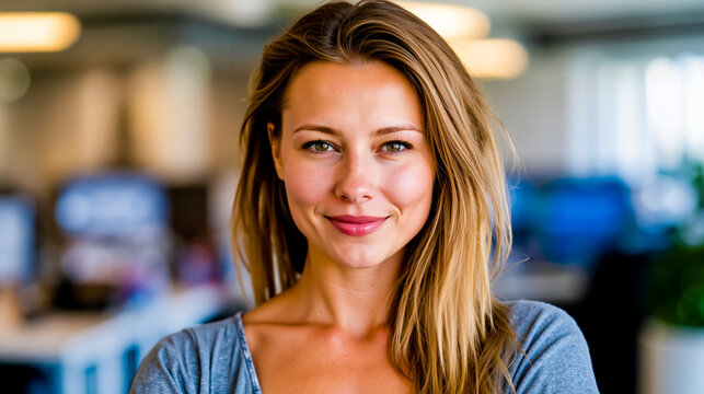 A woman with long blonde hair smiling at the camera