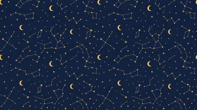 Dark Blue Celestial Astrology Seamless Pattern with Golden Stars