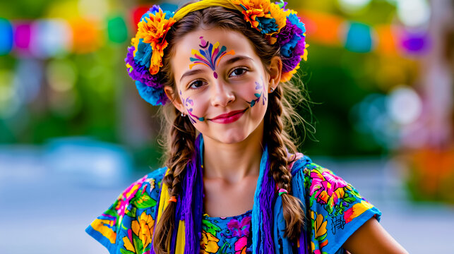 A young girl with colorful face paint smiles at the camera