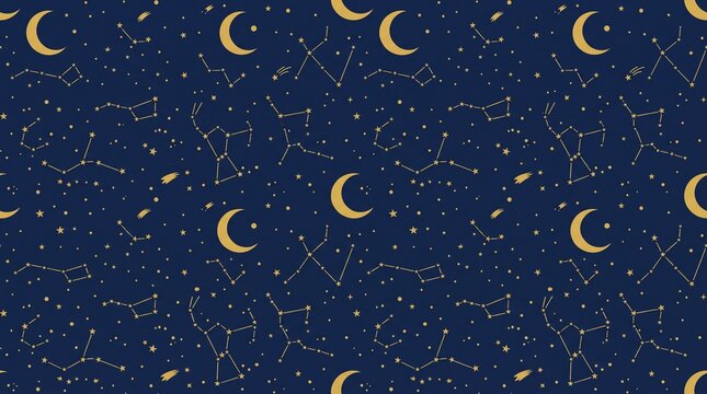 Celestial Seamless Pattern with Golden Crescent Moons, Stars and Constellations