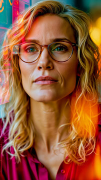 A woman wearing glasses looking at the camera