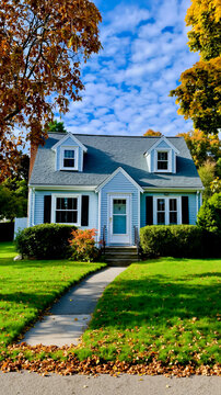 A blue house with a white door and windows in the fall