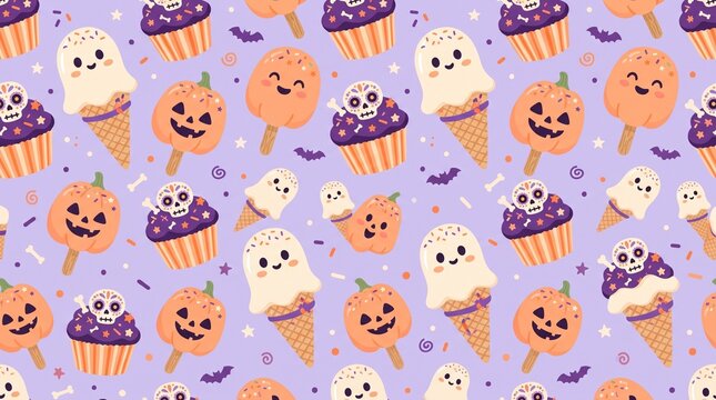 Kawaii Halloween dessert pattern with candy corn, sugar skulls, cupcakes and pumpkin treats