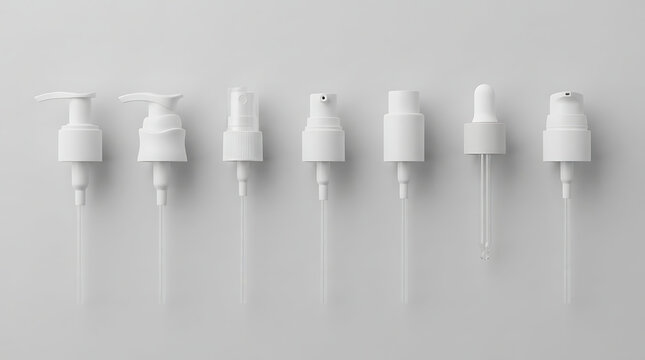 White plastic dispenser pump heads sprayers and dropper tops lined up for cosmetic packaging