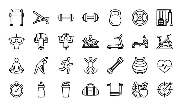 Gym Equipment and Healthy Lifestyle Editable Line Icons with Training Yoga Cardio and Workout Symbols