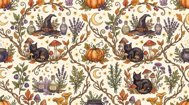 Seamless Halloween Botanical Pattern