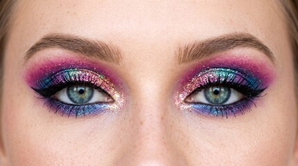 Fototapeta premium Close up of a woman's eyes with vibrant glitter eyeshadow and winged eyeliner