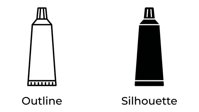 Tube Outline and Silhouette: Two contrasting icons of a tube, one a clear outline and the other a solid black silhouette, representing a product or substance.