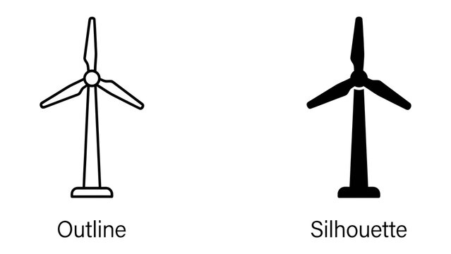 Wind Turbine Icons: Two stylized illustrations of wind turbines, one in outline and the other as a solid silhouette, representing renewable energy technology and sustainable power generation.