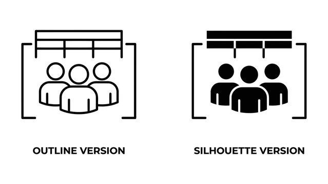 Audience Icon Representation: Two stylized icons, one an outline and the other a silhouette, depict a group of three individuals within a frame, symbolizing an audience or group.
