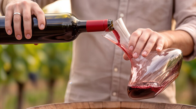 Sommelier pouring red wine from bottle into glass decanter in vineyard. Aerating wine for tasting at outdoor winery event.