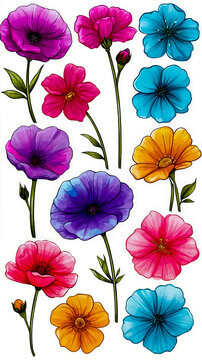 A bunch of colorful flowers on a white background